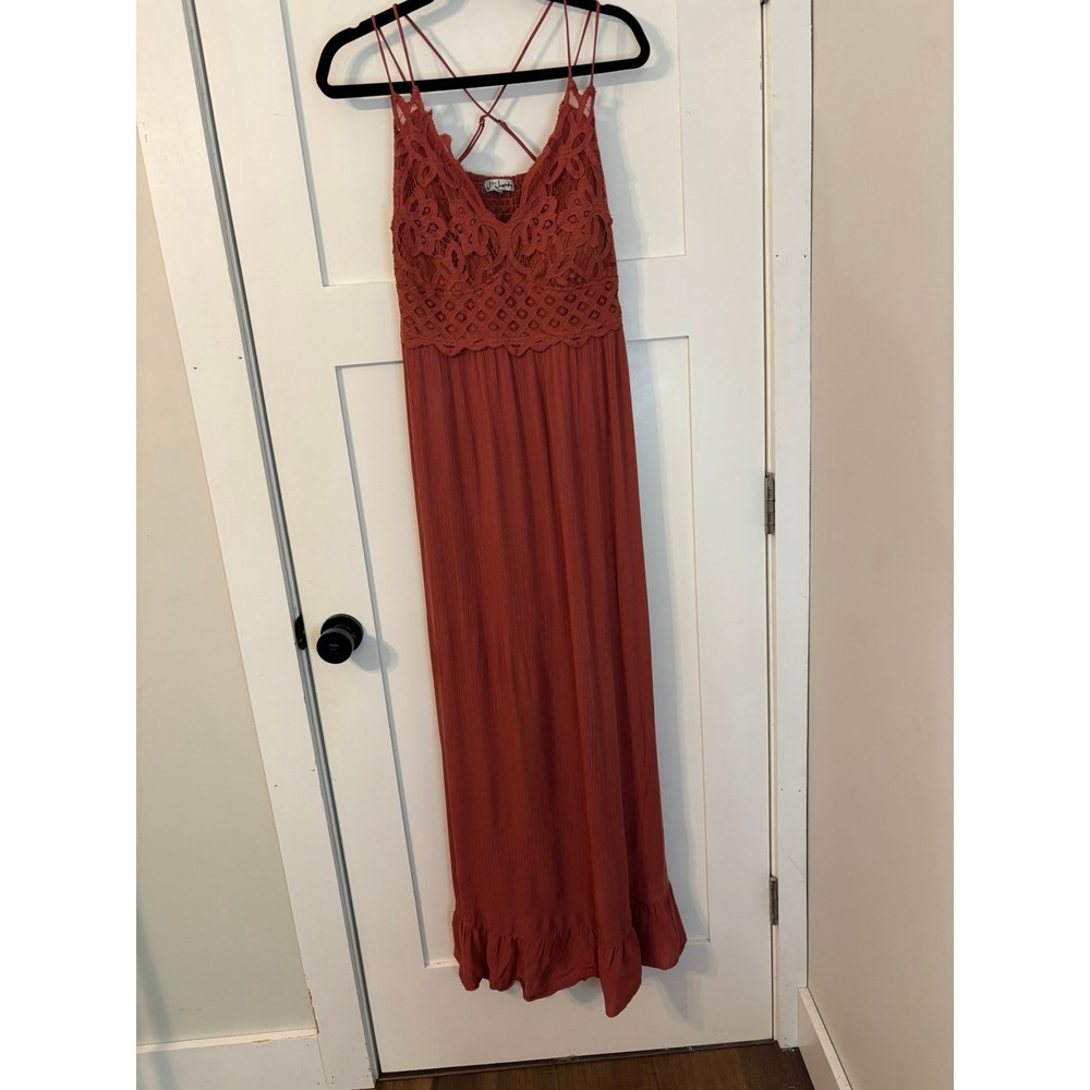 J for Justify Terracotta Lace Bodice Ruffle Hem Maxi Dress Crinkle Boho Rust